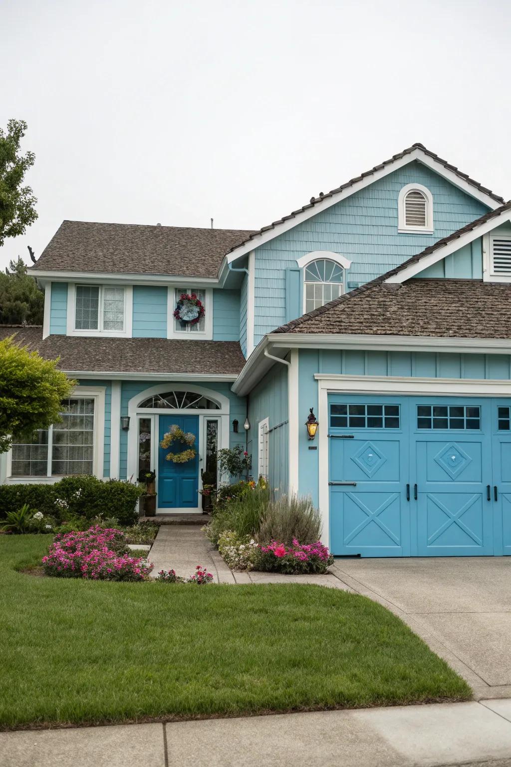 A home presenting matching front and garage doors for a unified design.