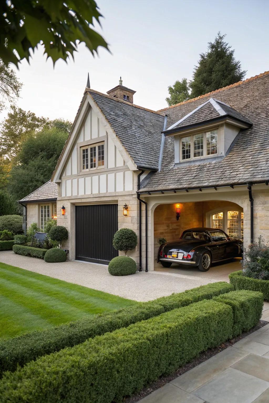 A sloping roof addition introduces timeless elegance to a garage.