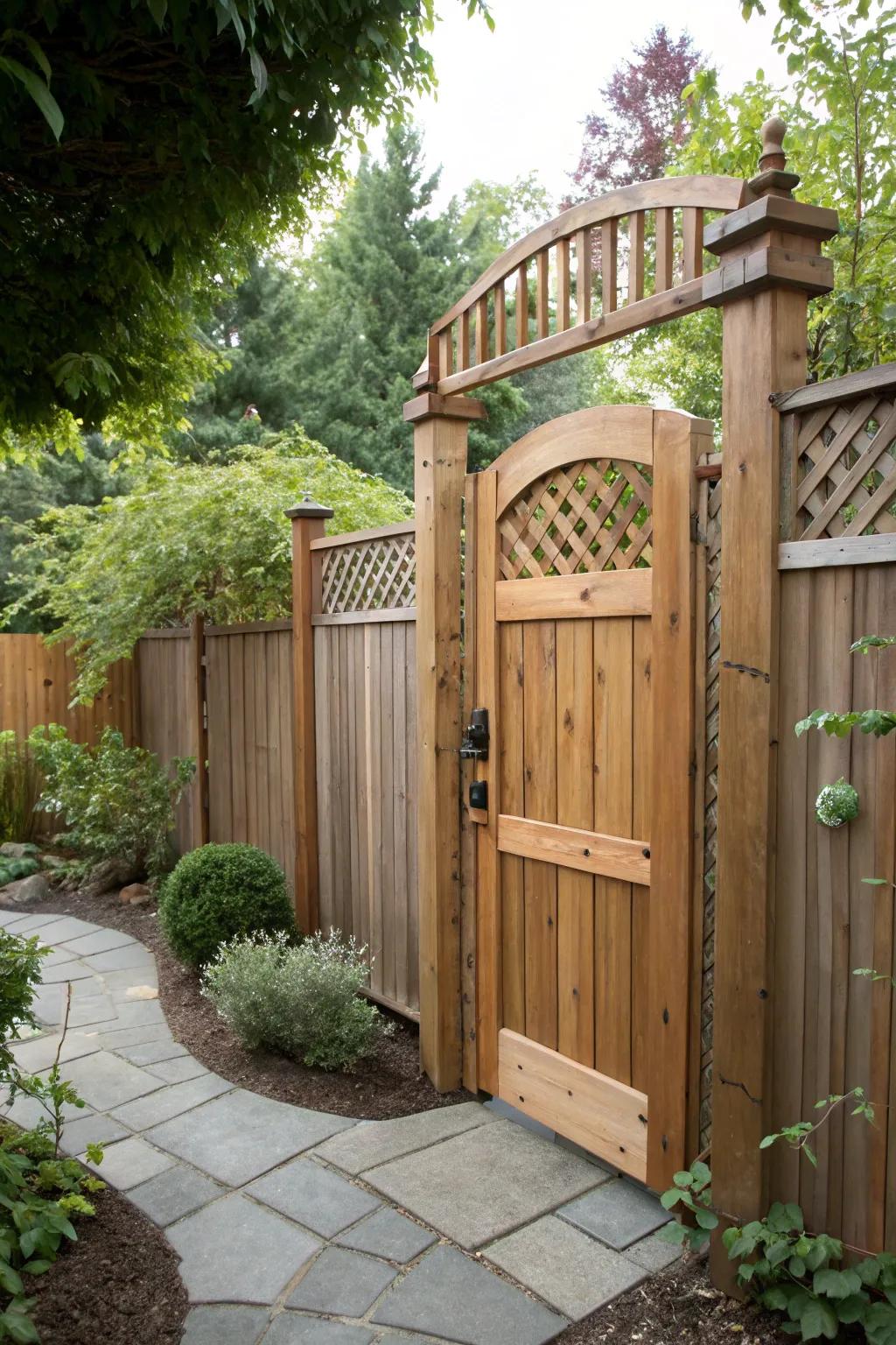 Sturdy timber gate assures solitude in your garden retreat.