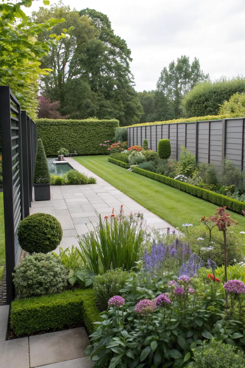 Modern aesthetics introduce a sleek feel to garden privacy.
