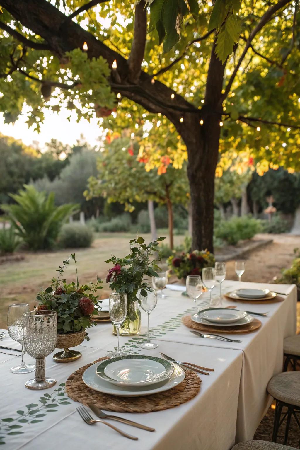 An attractive outdoor dining arrangement set beneath sheltering trees.