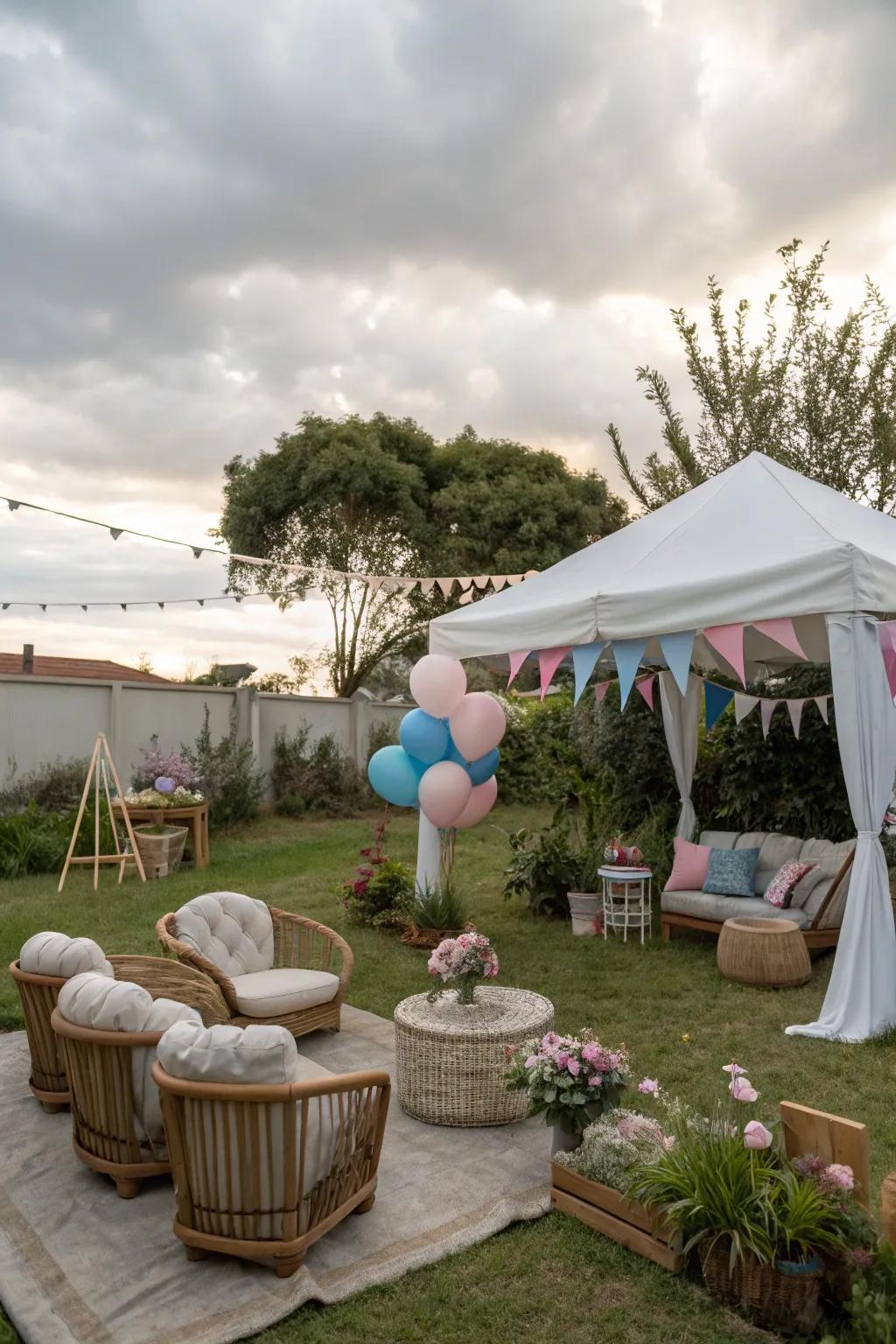 An inviting outdoor setting prepared for a gender reveal celebration.