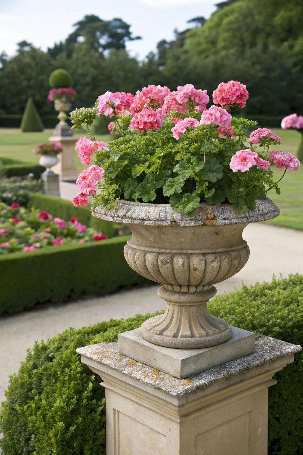 Elegant pink geraniums are beautifully displayed in an ornate garden urn on a stone pedestal.