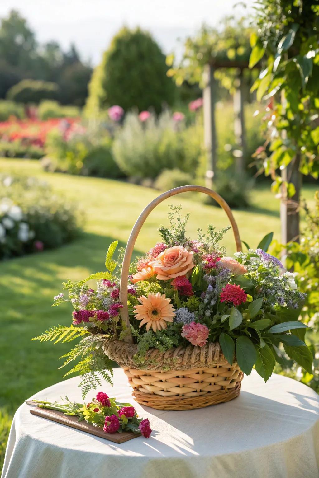 A gift basket decorated with live flowers, imparting a touch of nature.