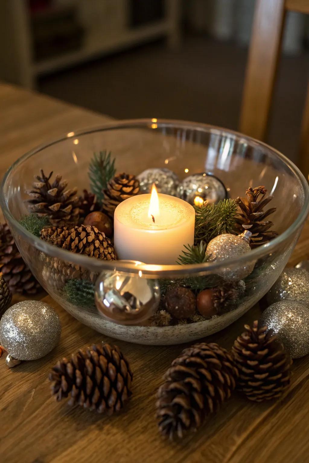 A luminary-illuminated crystalline bowl cultivates a tepid holiday effulgence.