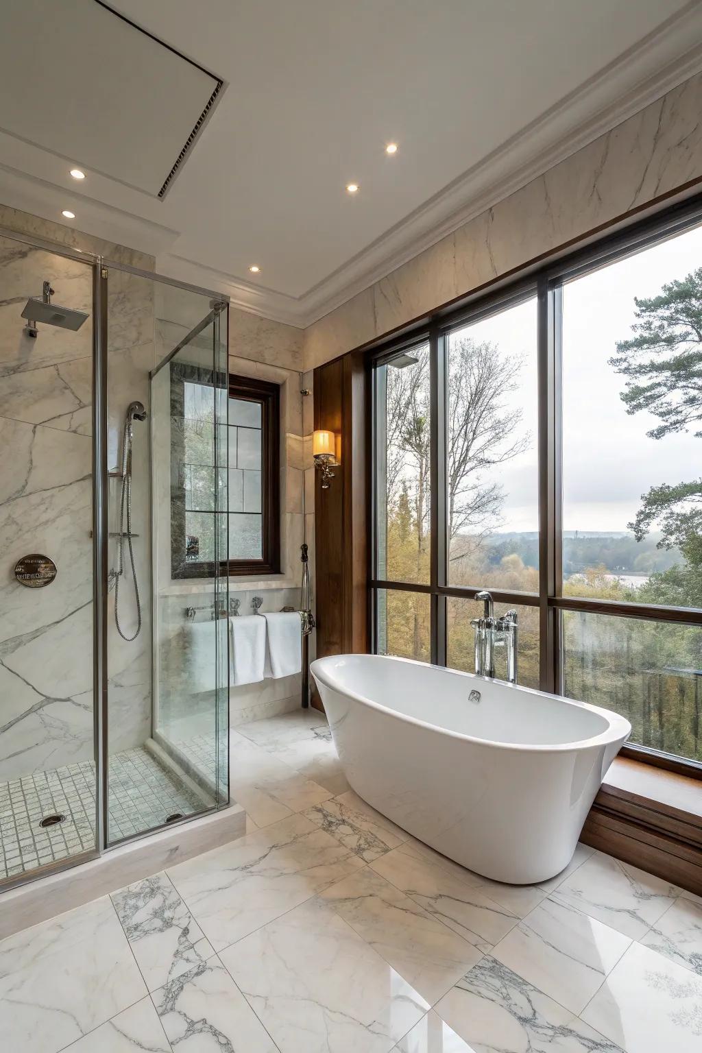 A luxurious blend of tub and glass shower functionality.