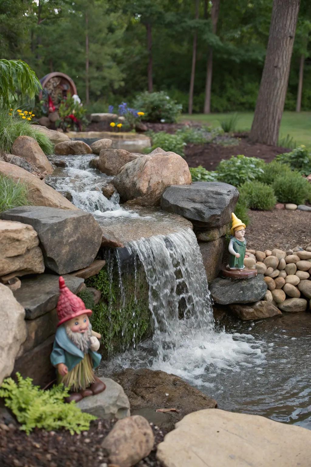 A fairy tale waterfall brings tranquility to any gnome garden.