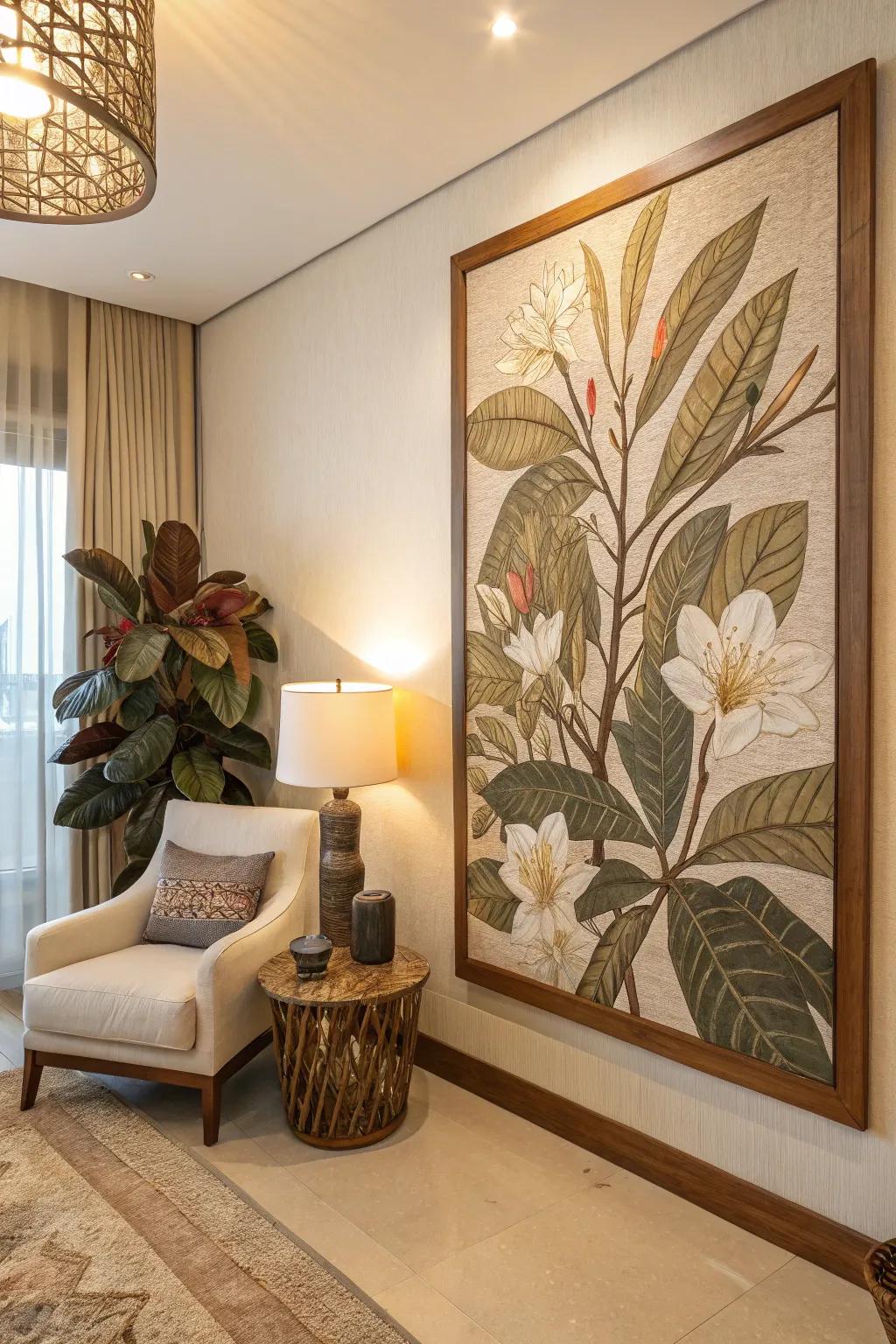 Artwork inspired by nature gives the space a natural touch.