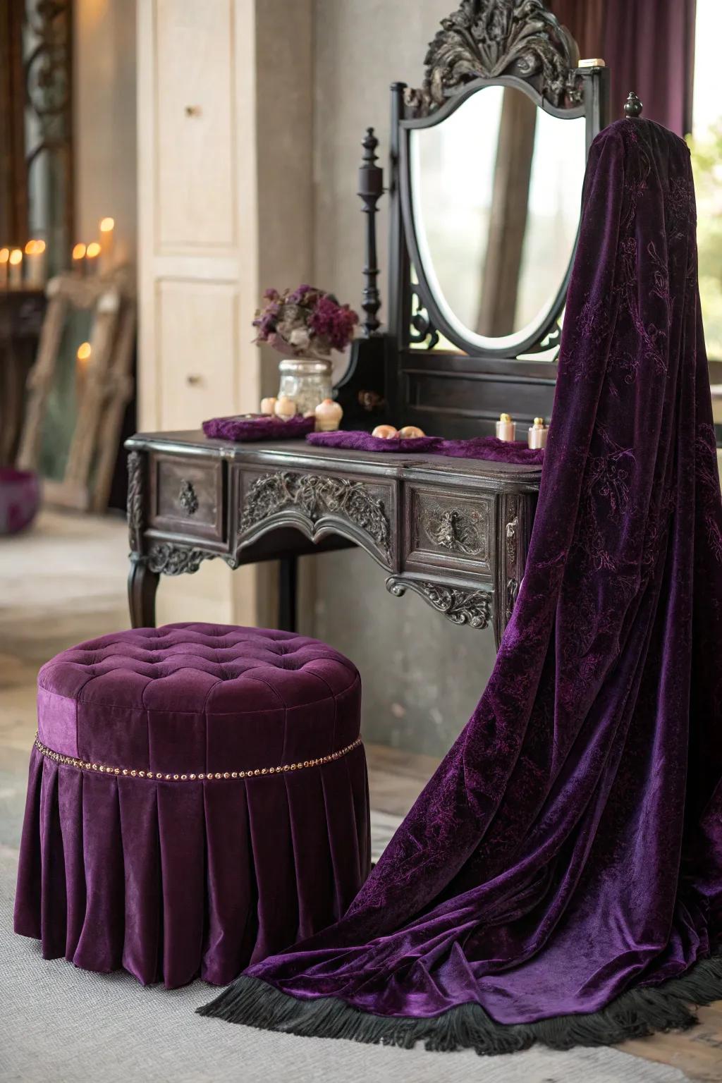 Sumptuous velvet highlights contribute opulence and dimension to the arrangement.