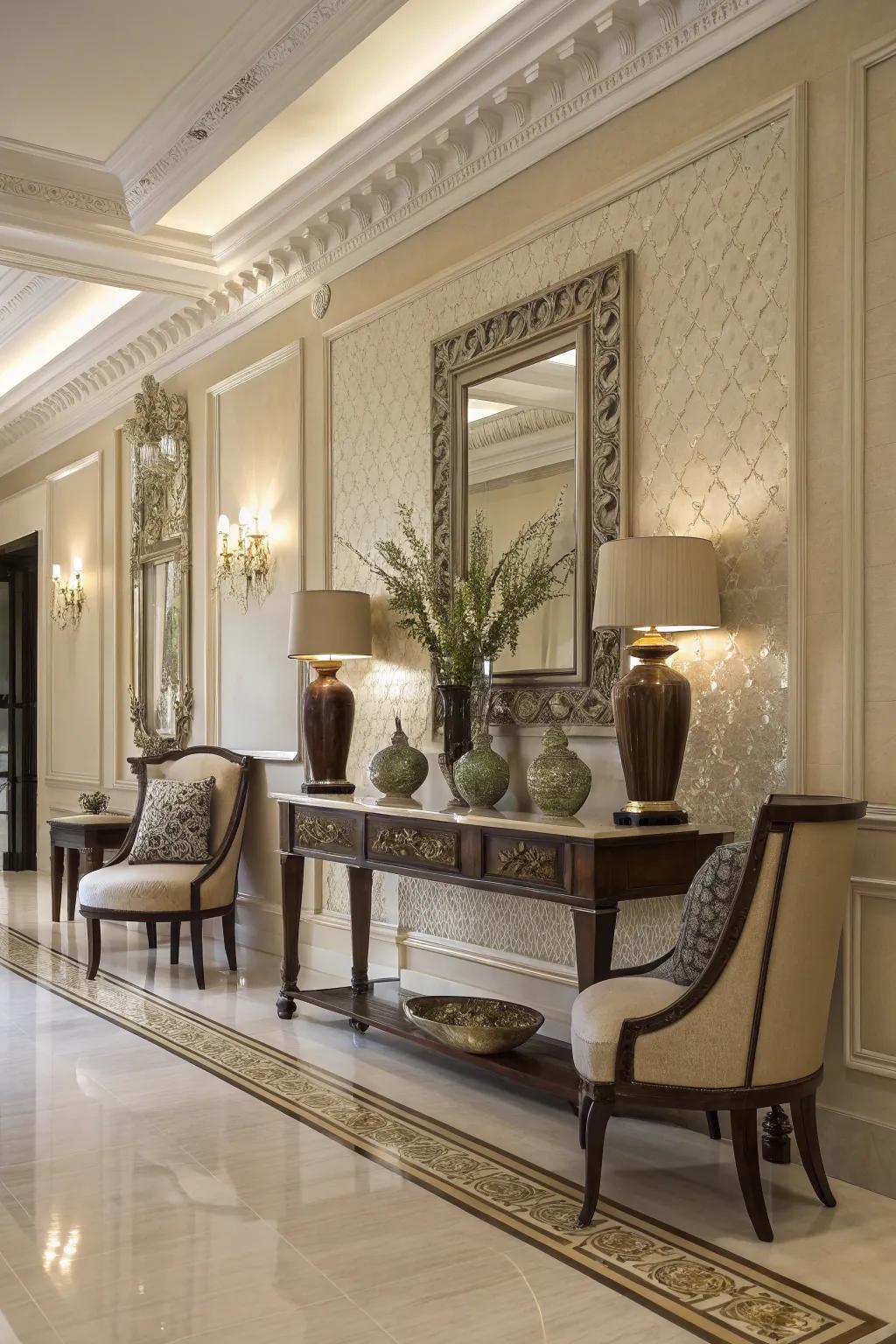 Refined furniture parts add charm and sophistication to a grand foyer.