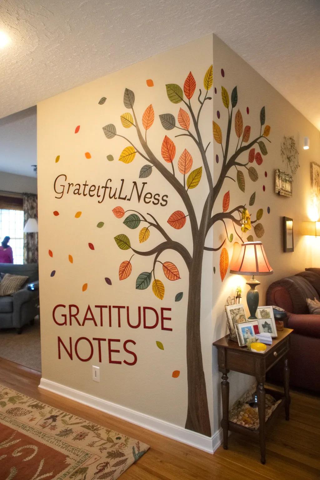 A botanical feature of gratitude adorned with foliage-shaped messages.