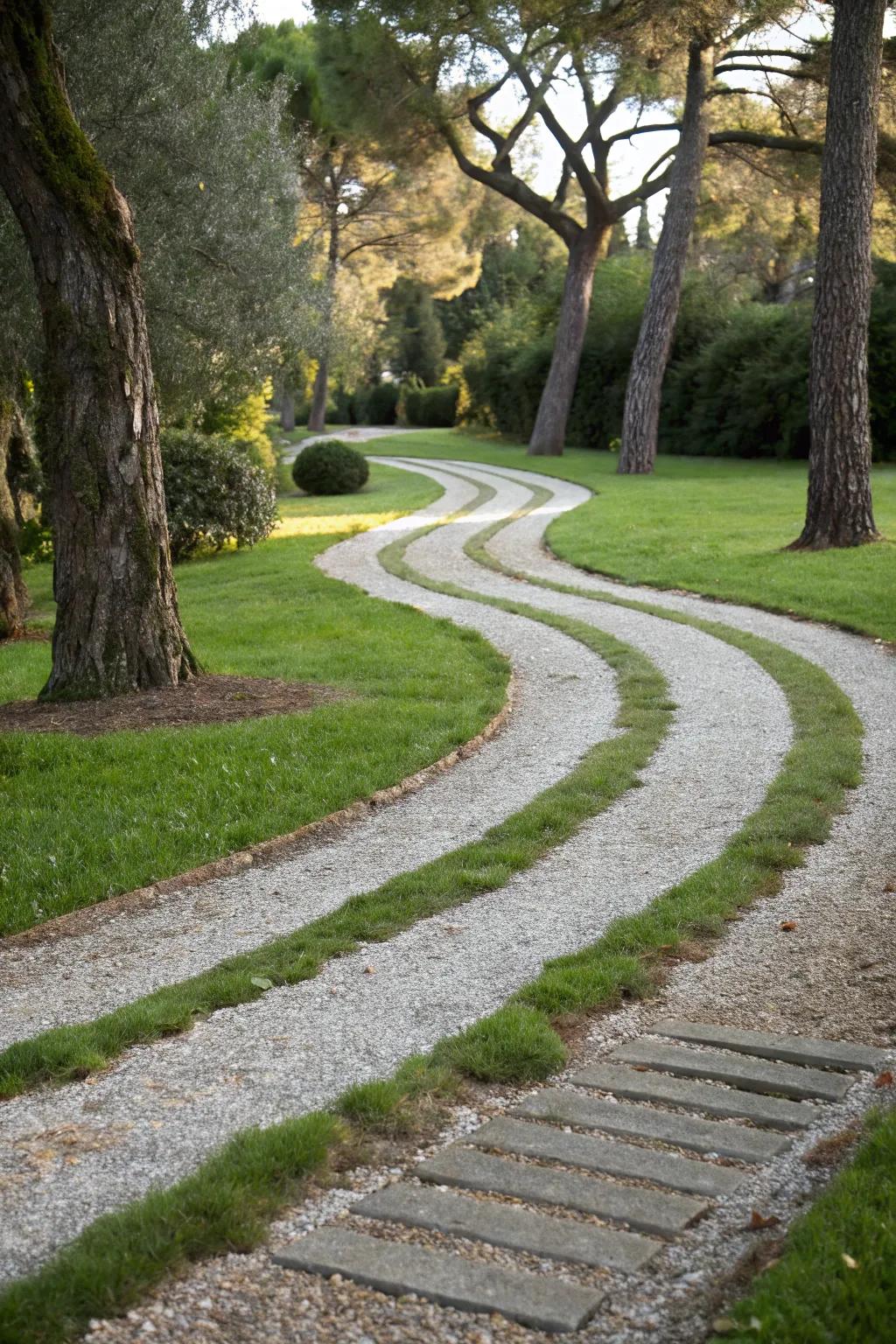 Grassy strips contribute a verdant and revitalizing touch to this gravel pathway.