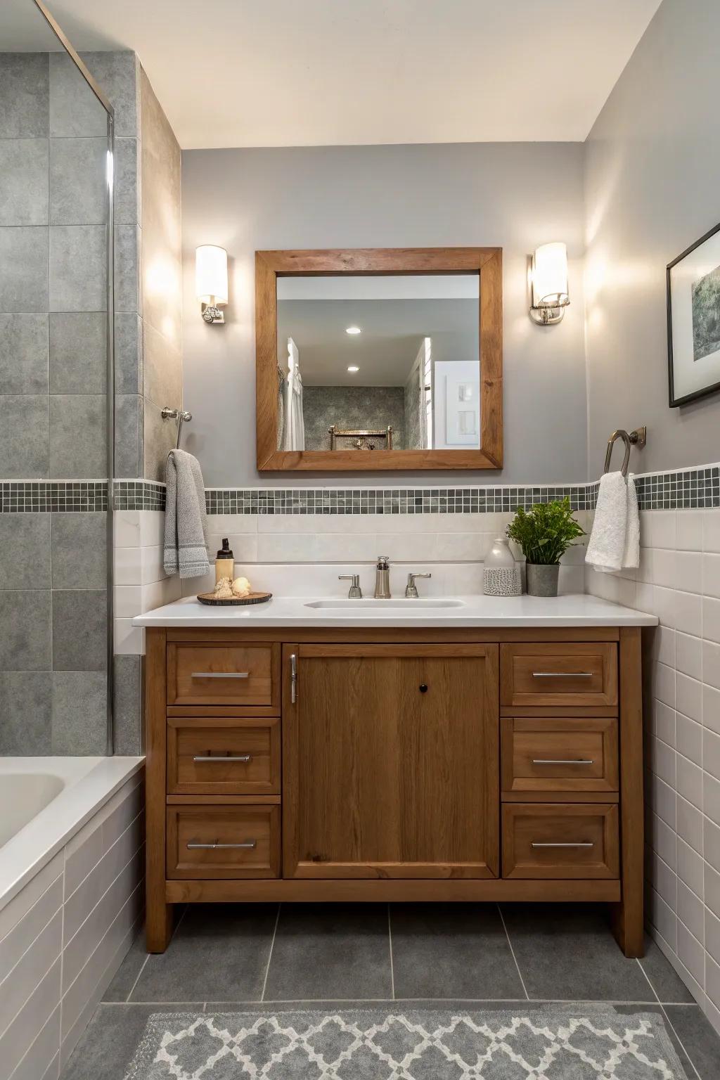 Wood accents add richness to the gray and white bathroom.
