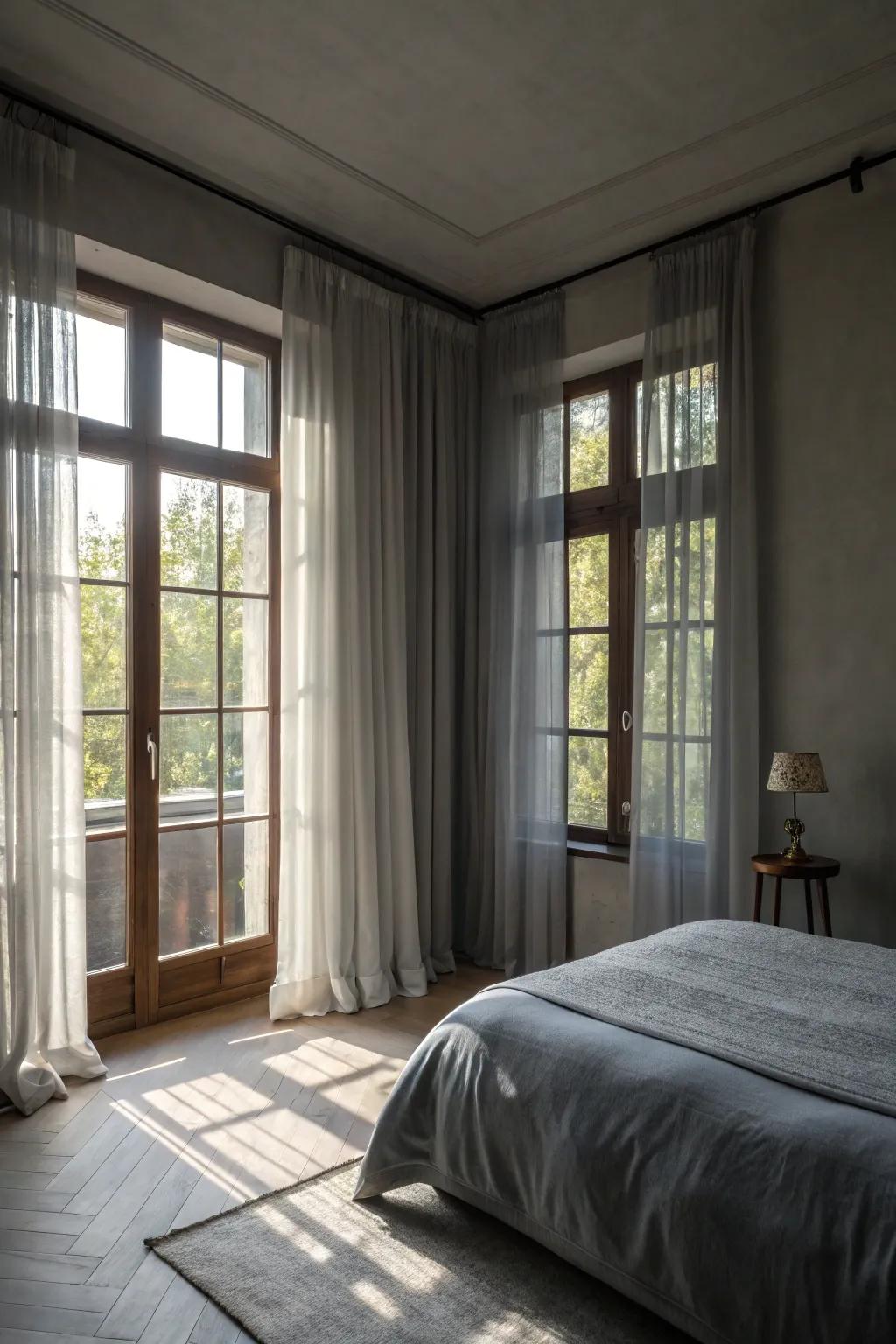 The soothing ambiance of a gray bedroom is accentuated by the influx of natural light.