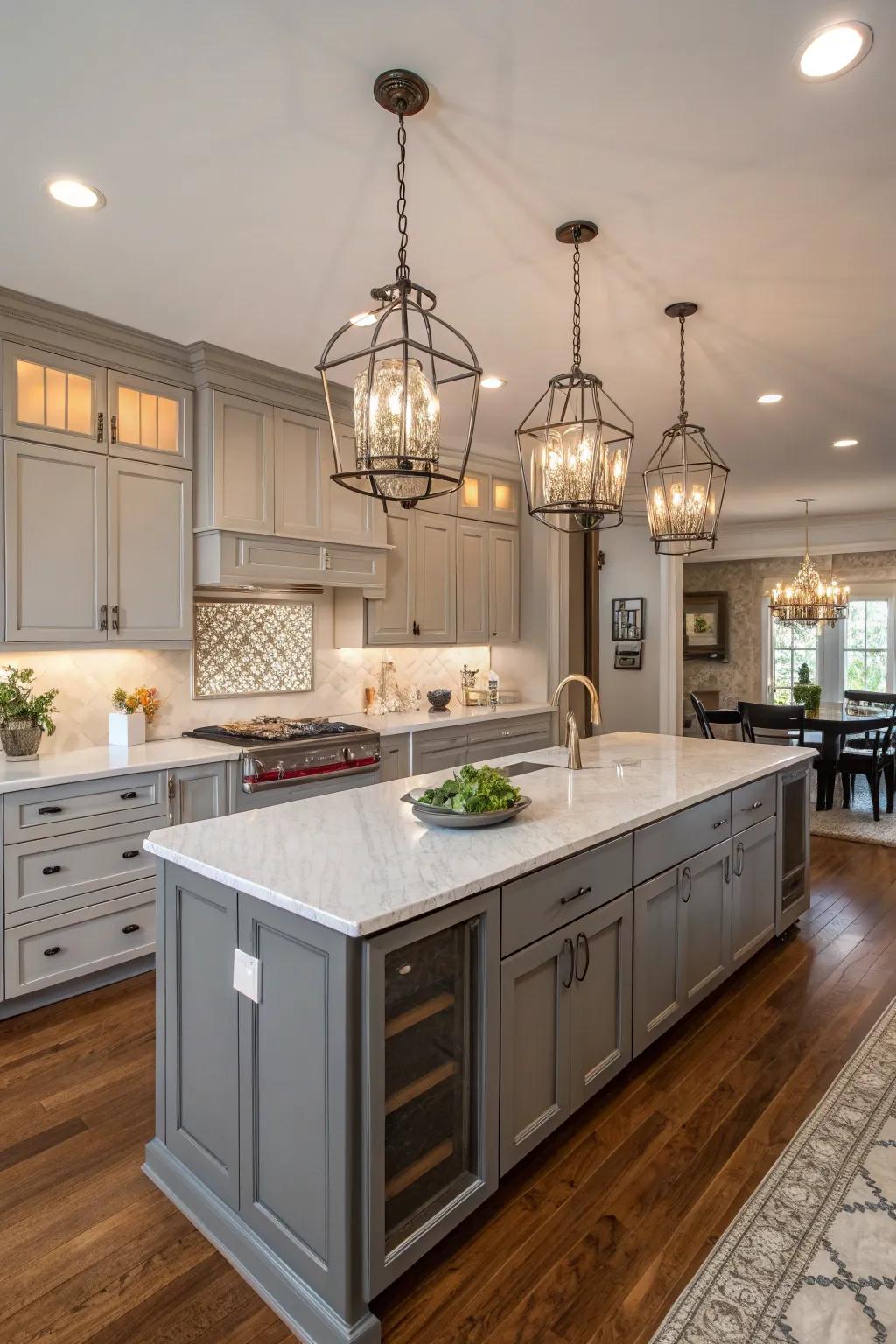 Bright lighting highlights the smooth design of gray cabinets.