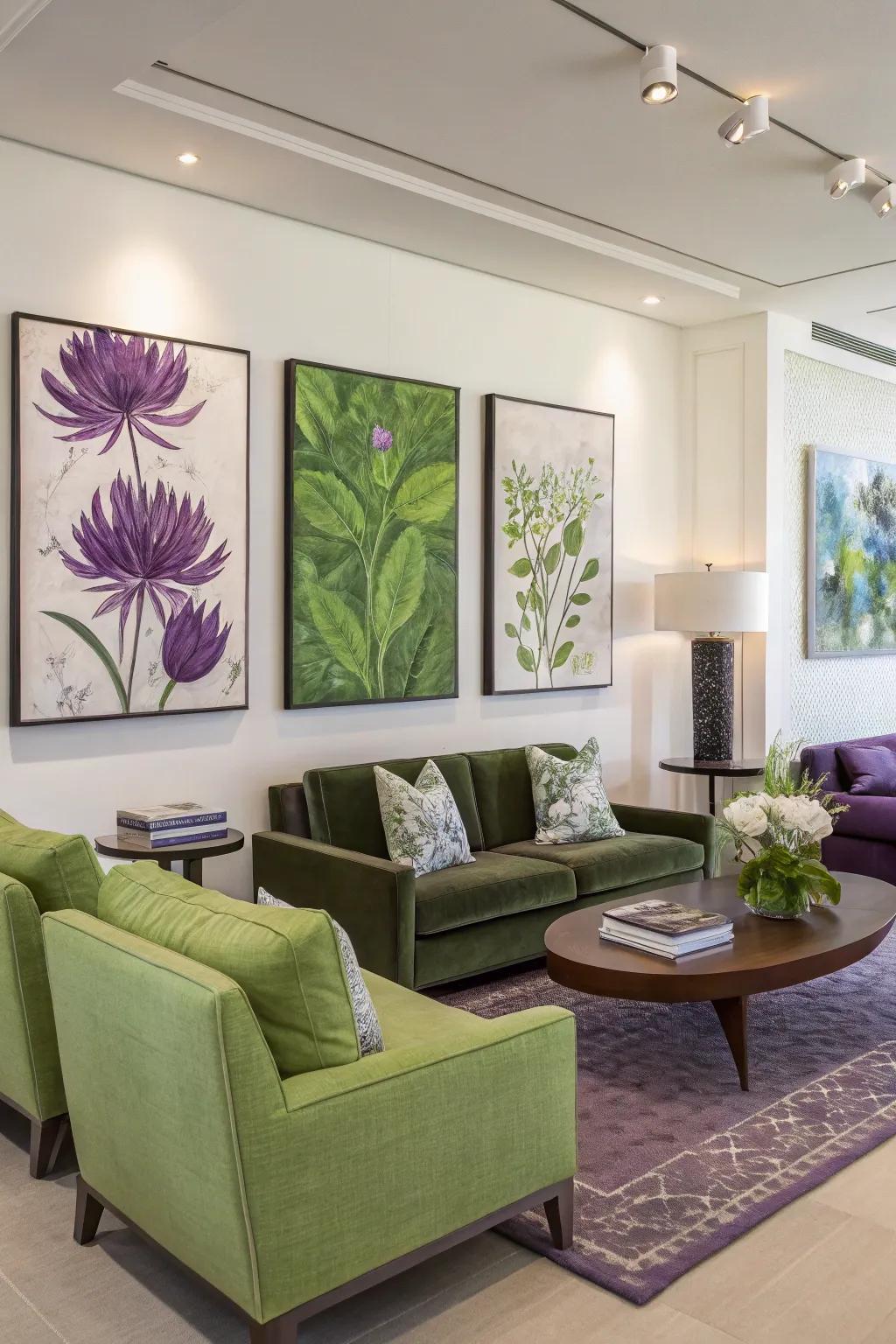 Art pieces contributing flair to a green and purple parlor.