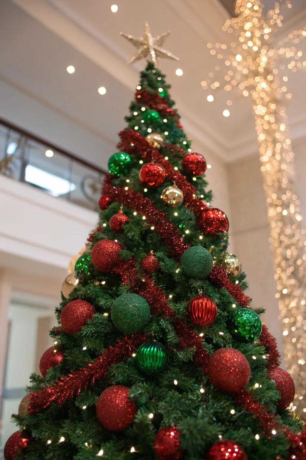 A glittering Christmas tree with red and green sequin decorations.