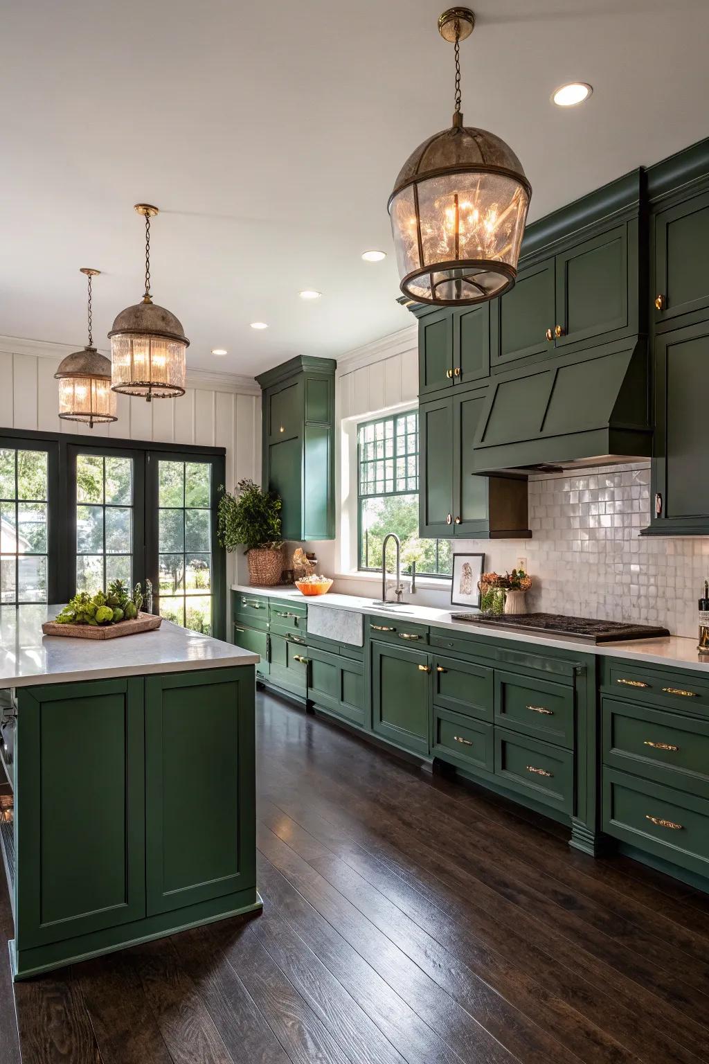 Woodland green cabinetry develops a abundant and moody visual.