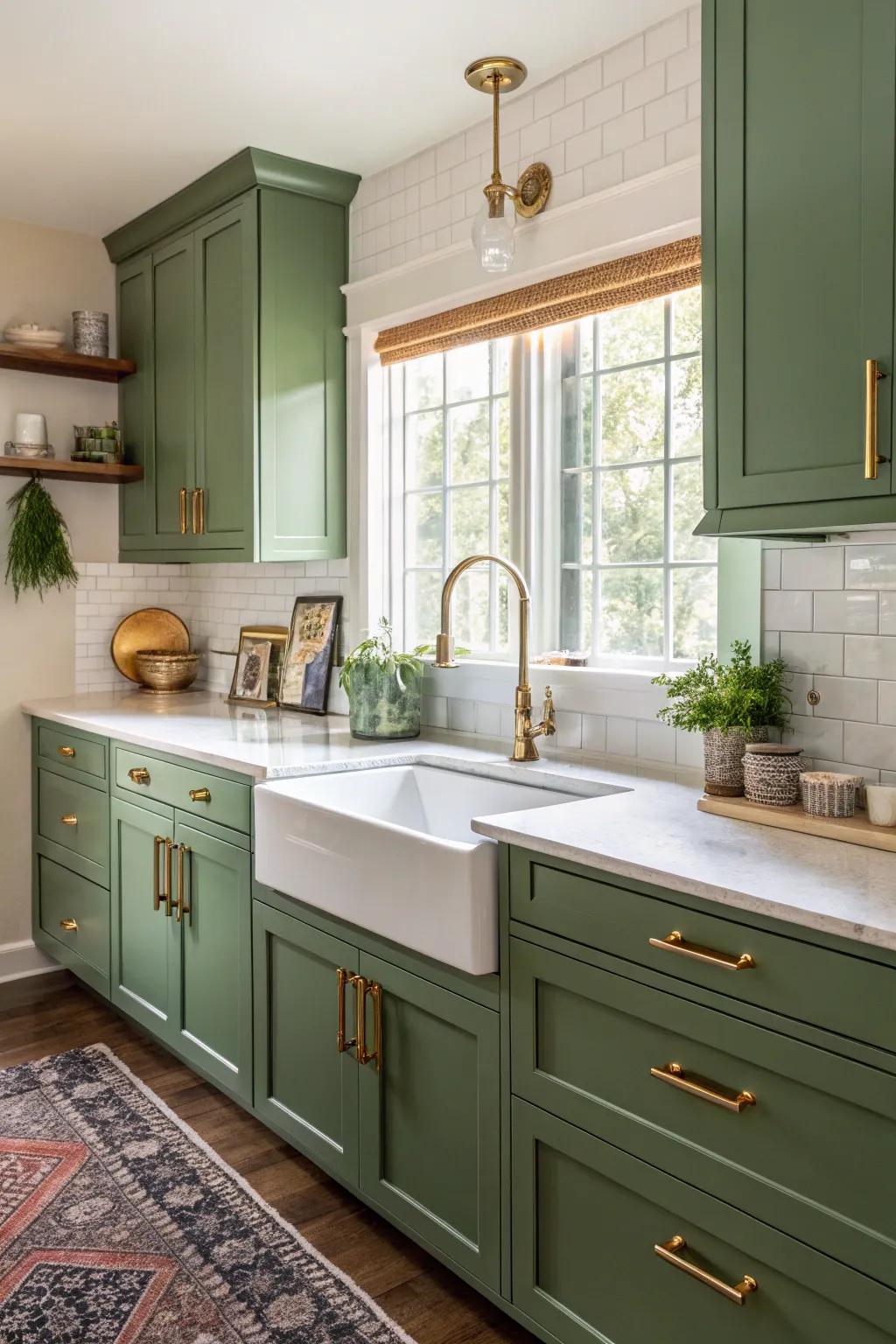 Burnished accents contributing a lavish glow to a green kitchen setting.