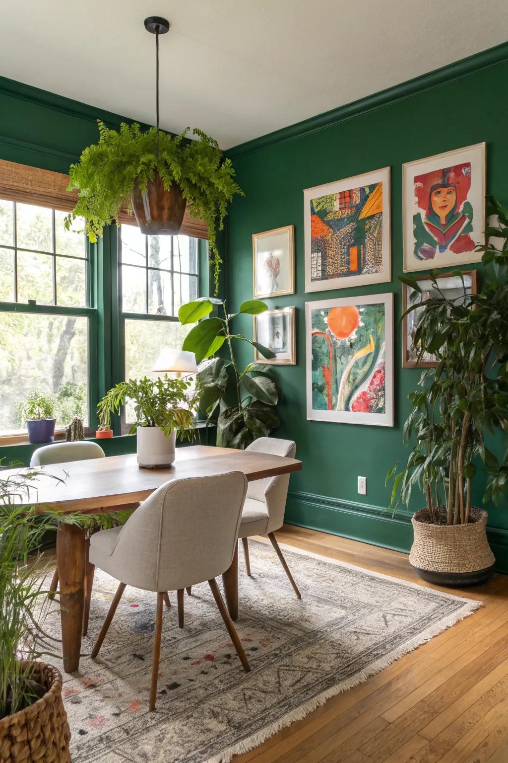A dining area distinguished by a remarkable green wall.