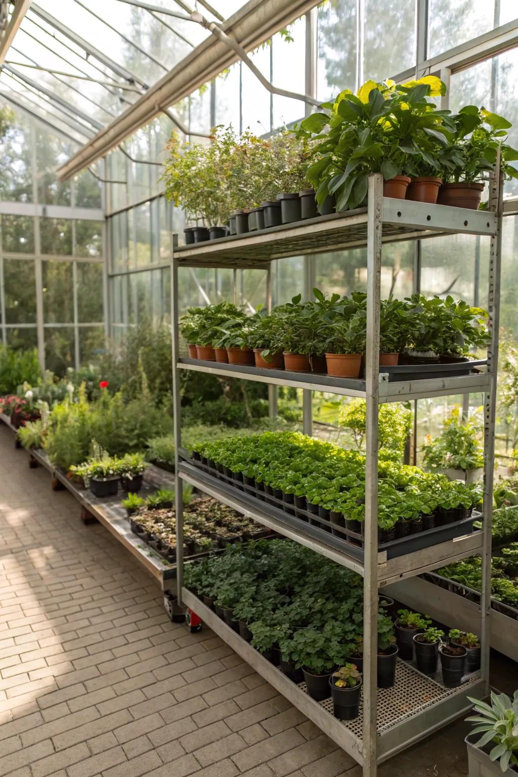 Layered racks in a greenhouse, displaying an extensive selection of plants.
