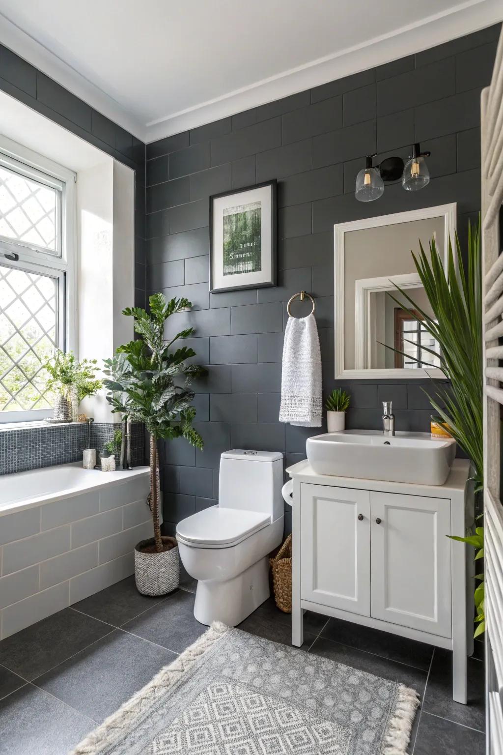 Deep charcoal grey walls radiate opulence and sophistication in this contemporary bathroom.