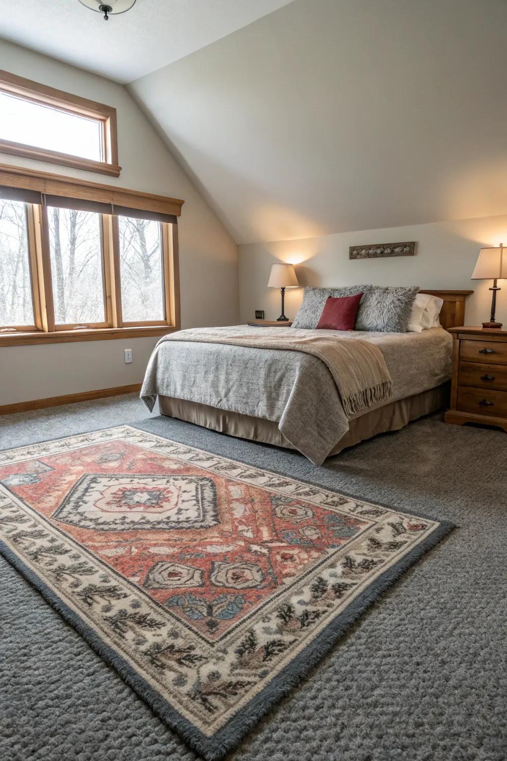 Subtle designs enrich the visual appeal of this bedroom with grey carpet.