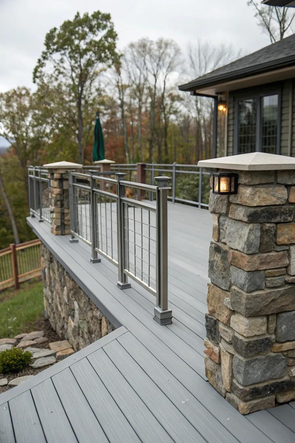 A visually interesting grey deck with mixed materials.