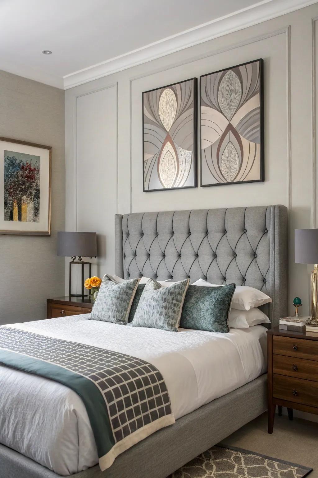 An artistic touch above a grey headboard with abstract wall art.