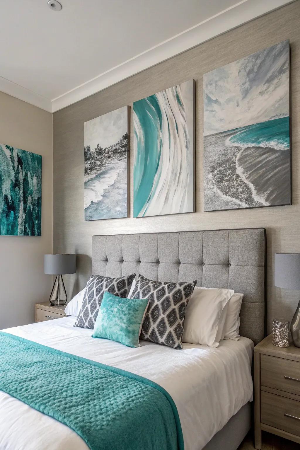 Abstract artwork draws cohesion to the color scheme.