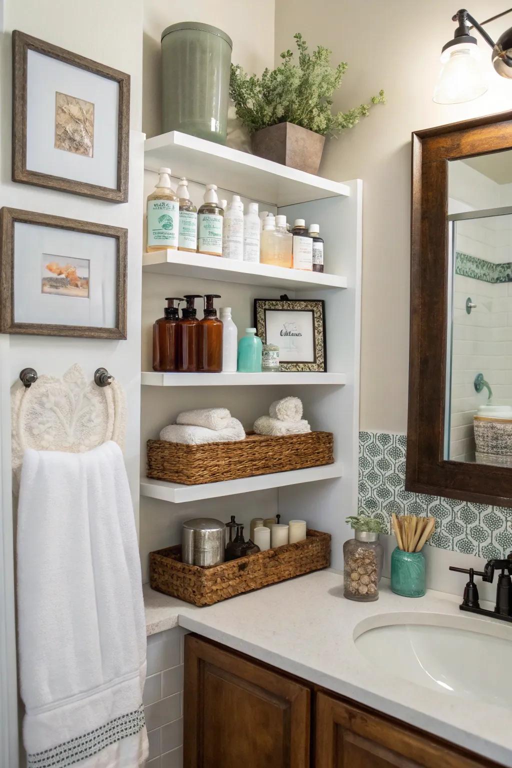 A guest bathroom with open shelving, showcasing toiletries and decorative items.