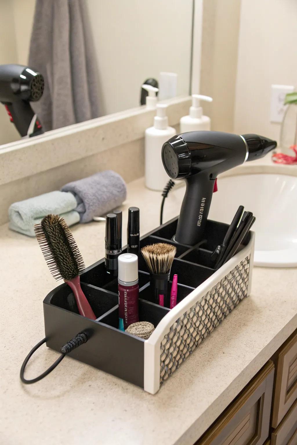 Small surface units facilitate organized and reachable styling devices.
