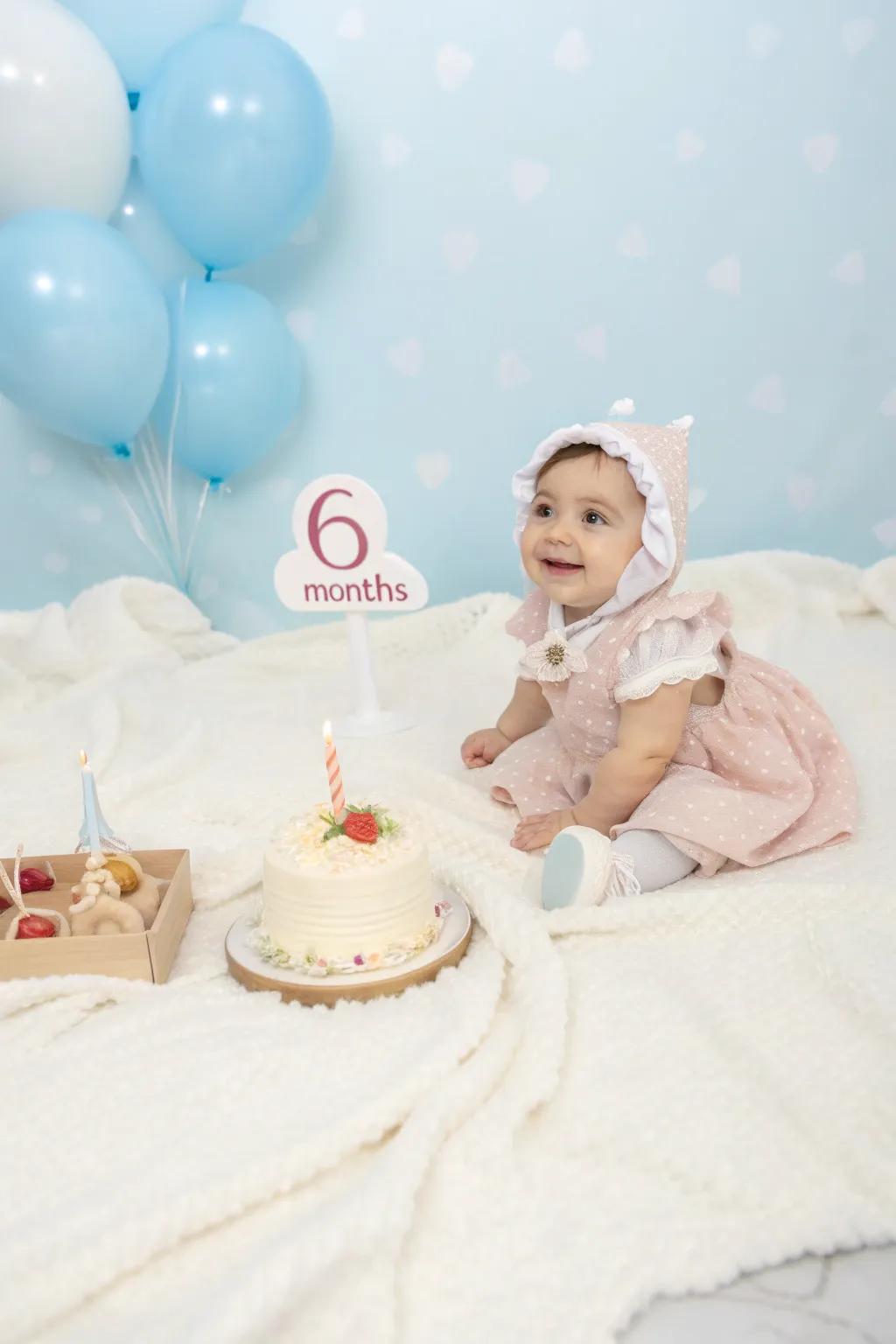 An adorable milestone photoshoot preserving the half birthday celebration.