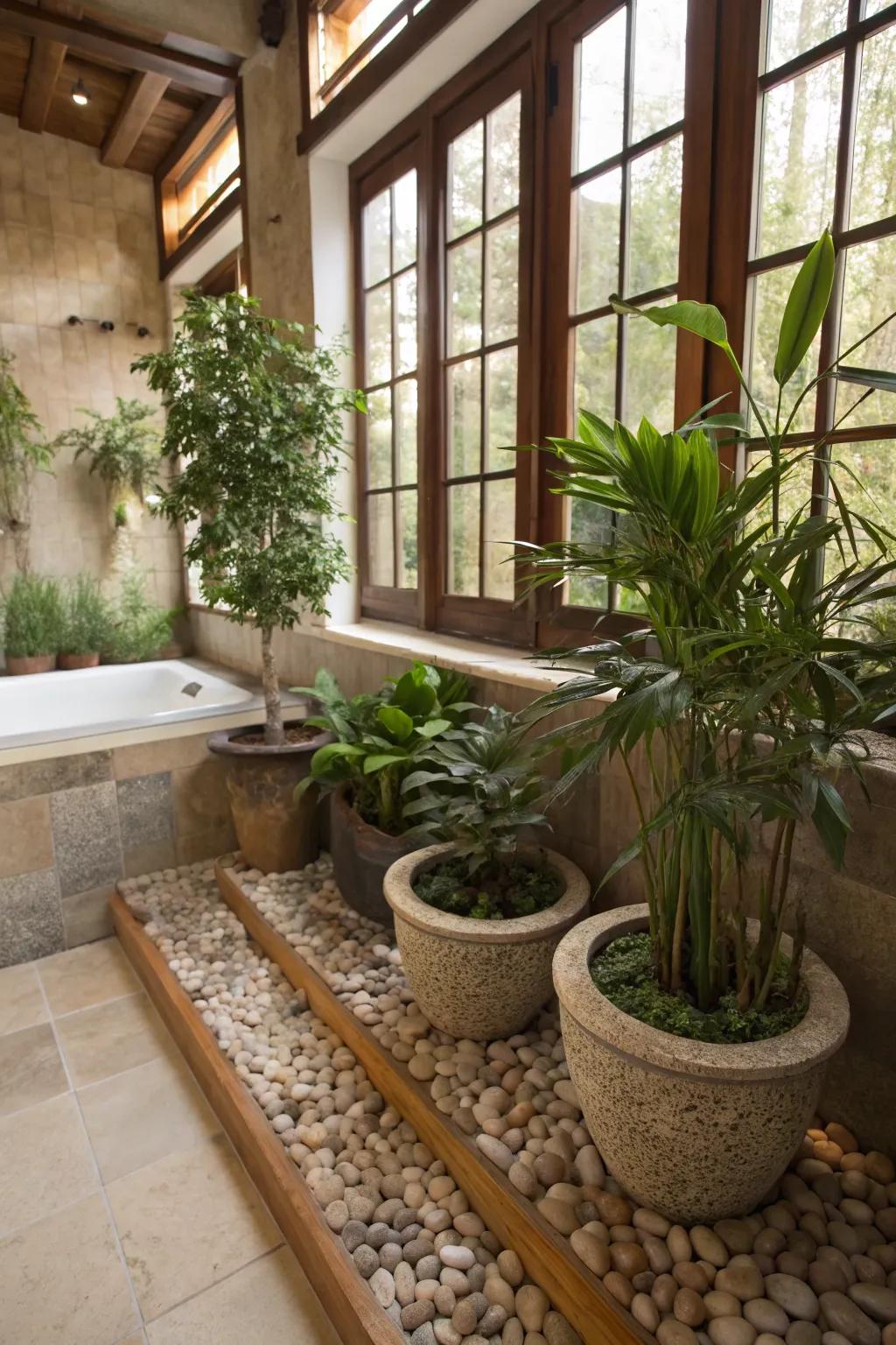 Greenery introduces a refreshing touch to this bathroom.