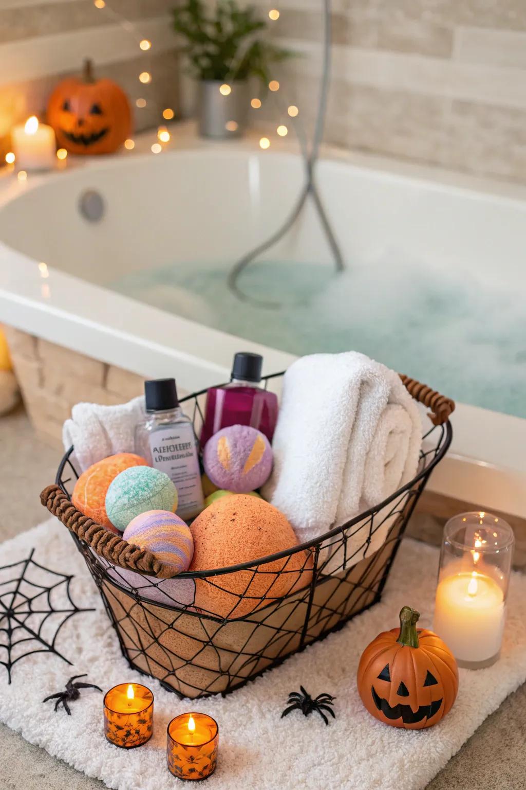 A spa-themed basket for a relaxing Halloween indulgence.