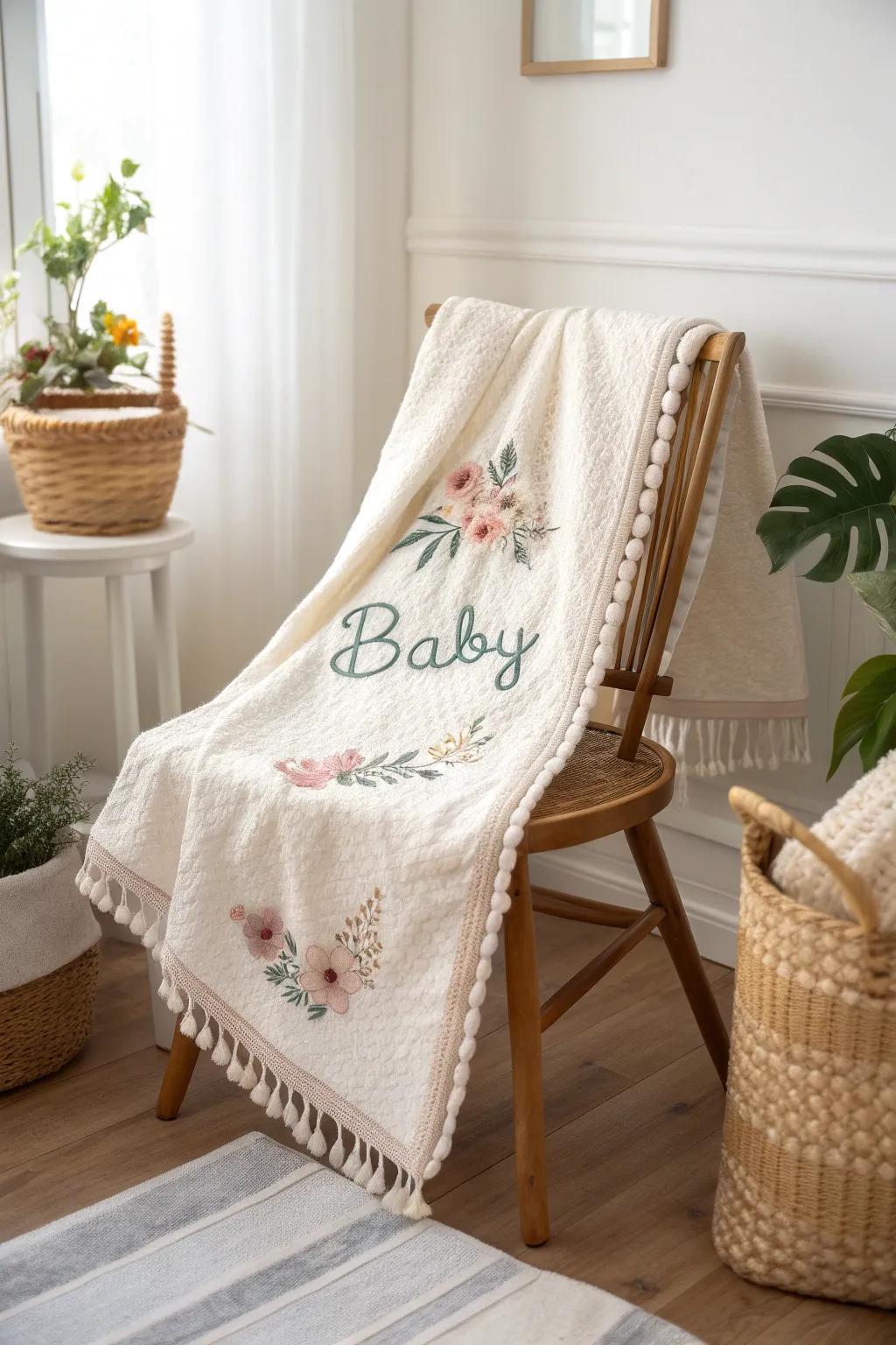 Add a unique touch with exquisite embroidery on a handcrafted baby blanket, perfect for crafting cherished memories.