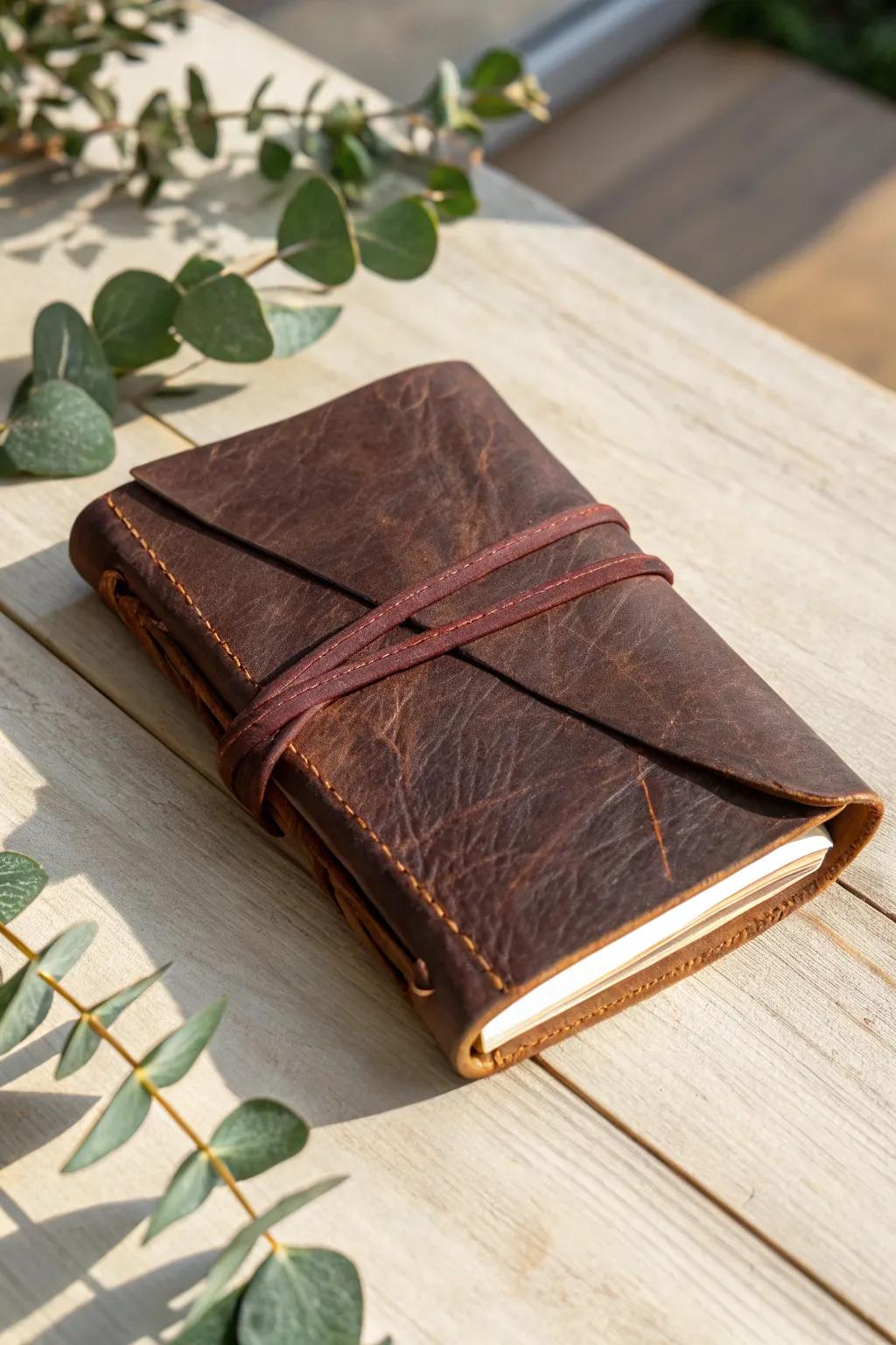 Refinement in Simplicity: Handmade hide-bound journal fashioned from a repurposed jacket, perfectly suited for your next escapade.