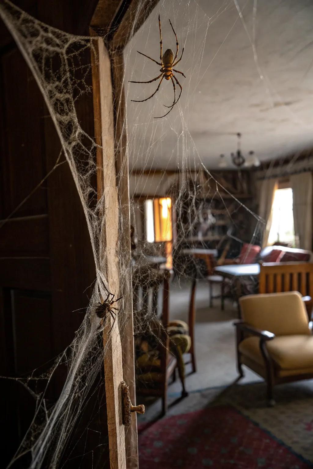 Threads and arachnids provide a traditional haunted home appearance.