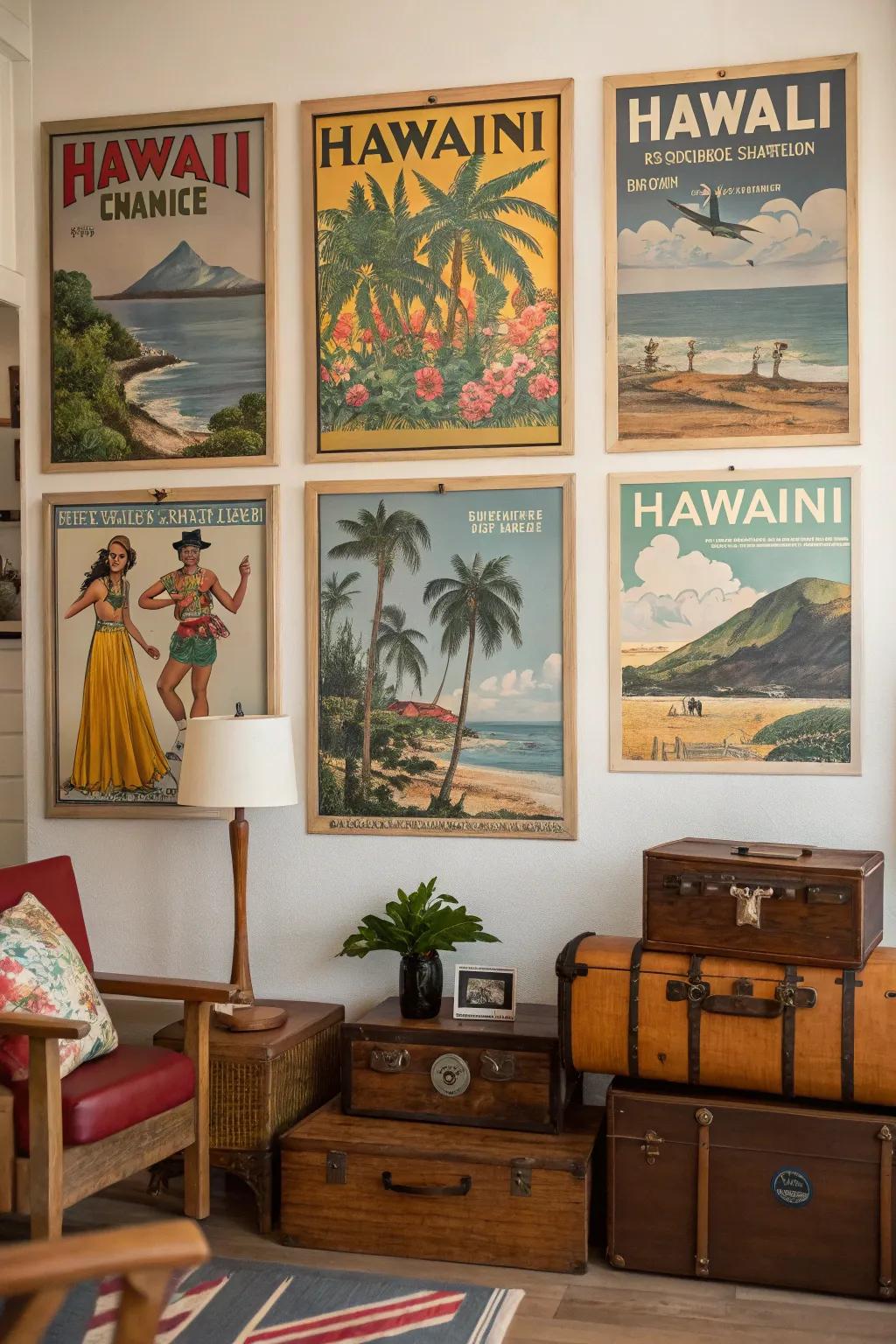 Timeless island journey visuals arranged in a retro-themed space.