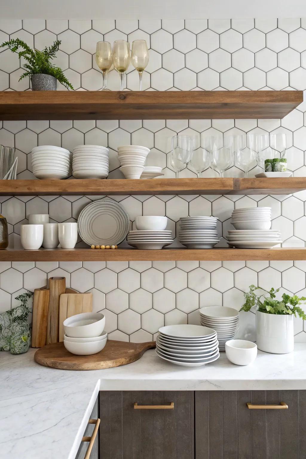 Open shelving paired with geometric tiles creates a breathtaking kitchen showcase.