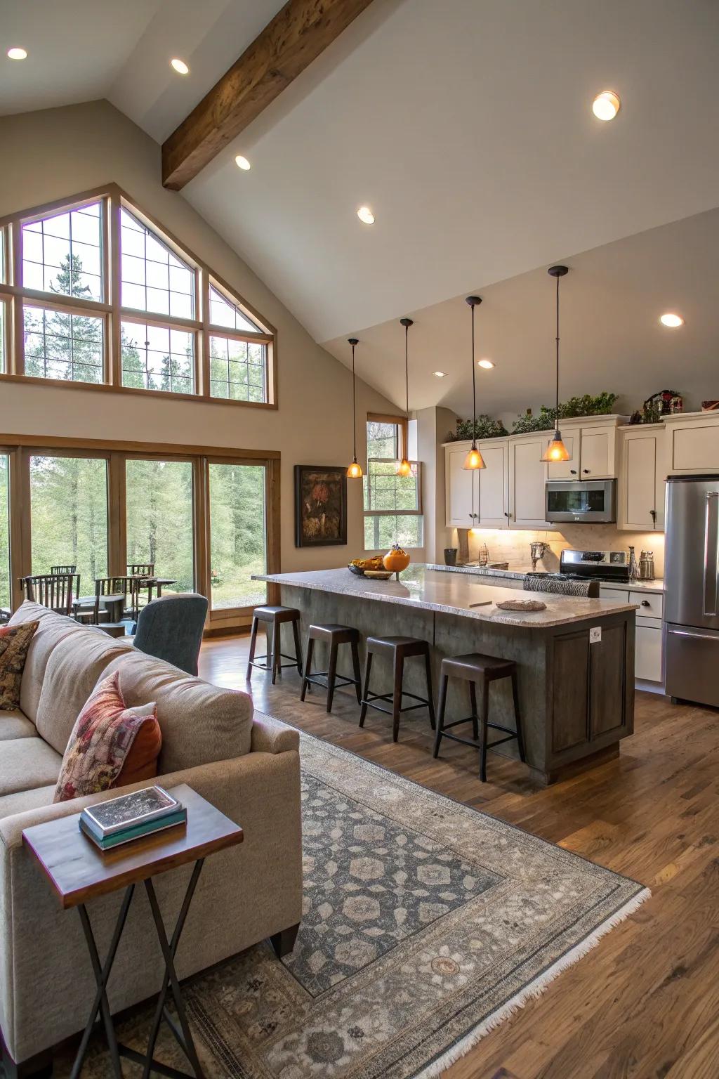 A kitchen effortlessly integrated with the living space to form a cohesive, open-plan area.