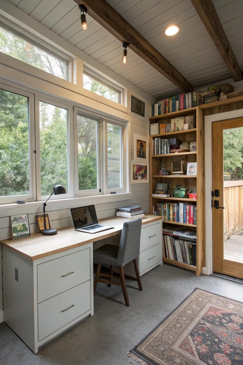 A rehabilitated garage space now functioning as a productive office setting.