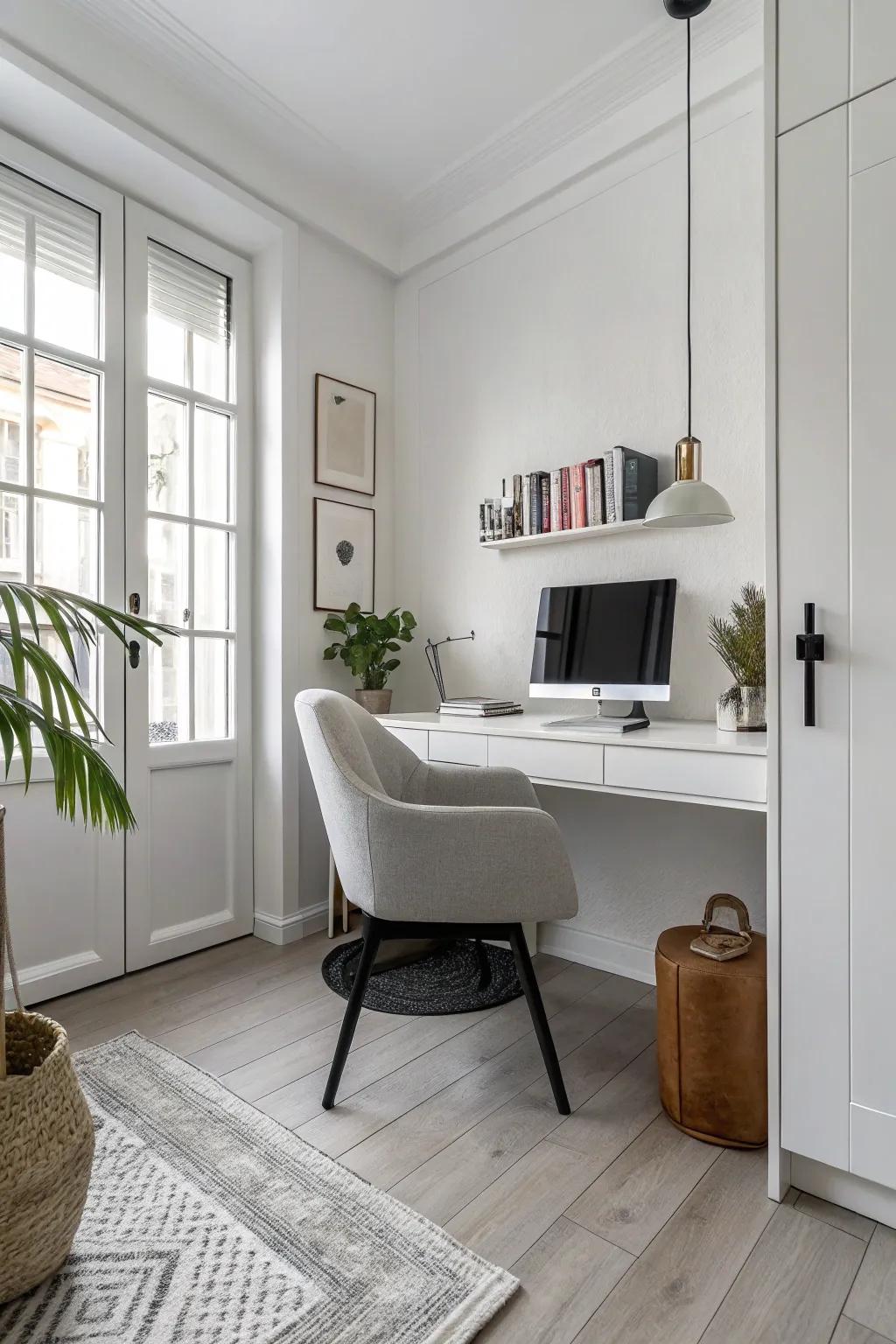 White partitions fashion a pristine and spacious sensation in this personal office.