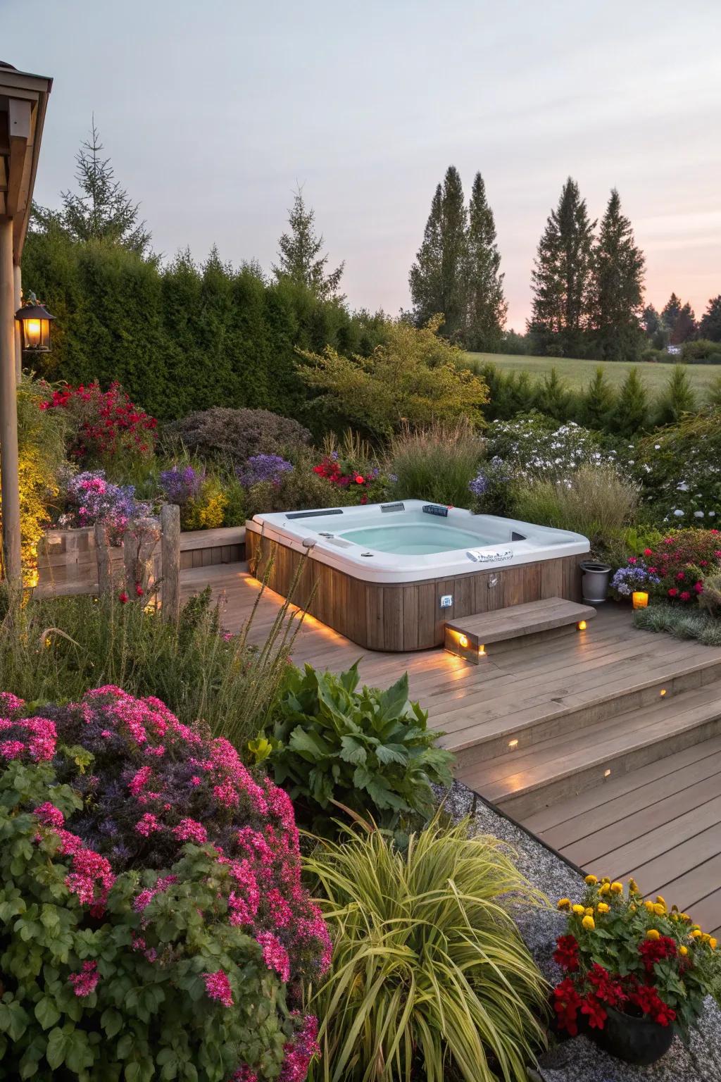 A landscaped retreat encircling your hot tub enhances tranquility.