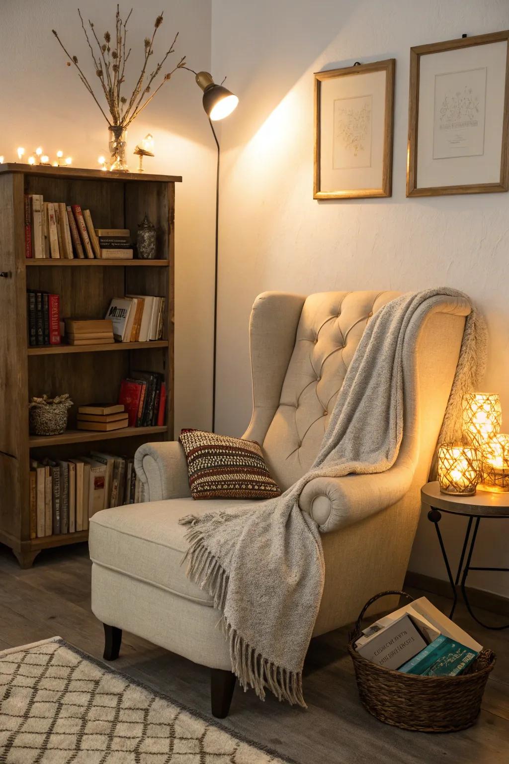 A cozy reading sanctuary that’s ideal for unwinding with a beloved book.