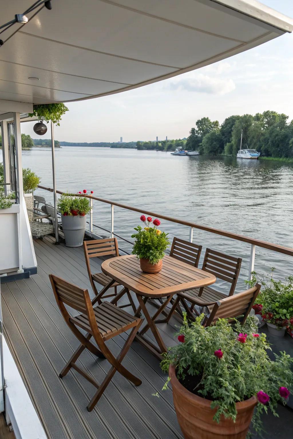 This houseboat has a welcoming deck area that's perfect for unwinding and entertaining.