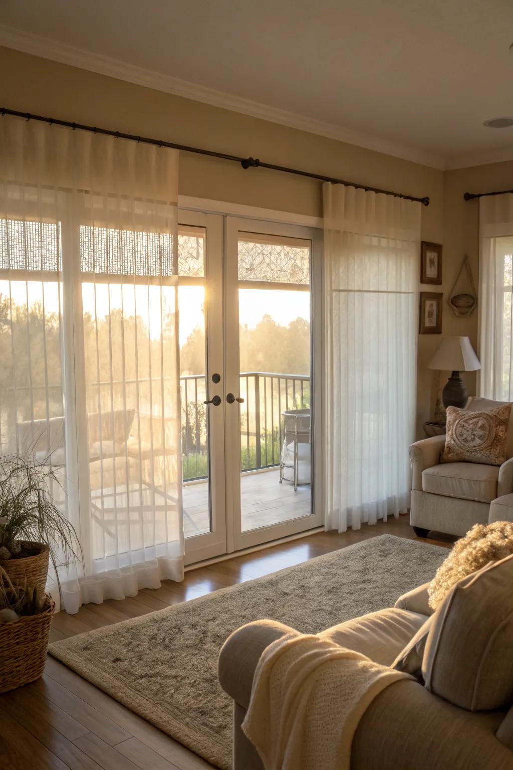 Sheer blinds cast a soft, filtered glow.