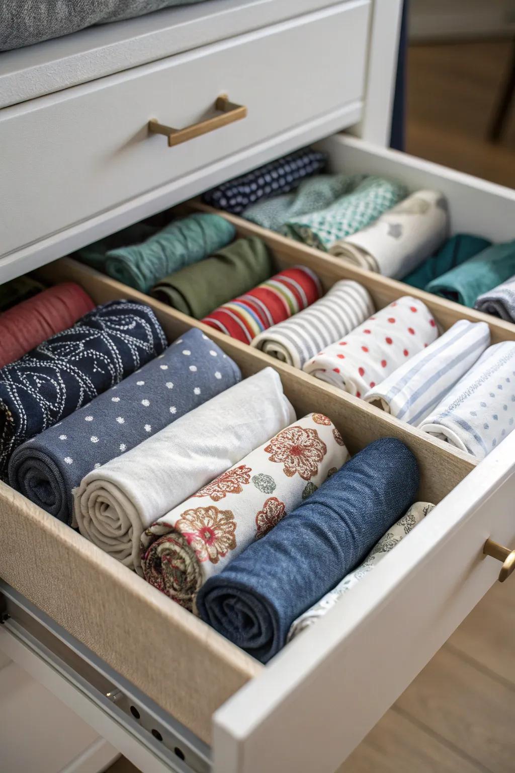 Clothing items rolled to maximize drawer space and decrease wrinkles.