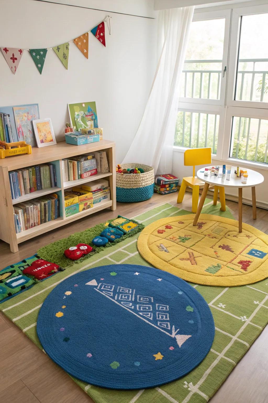 Rugs help set up zones for different things in a kid’s room.