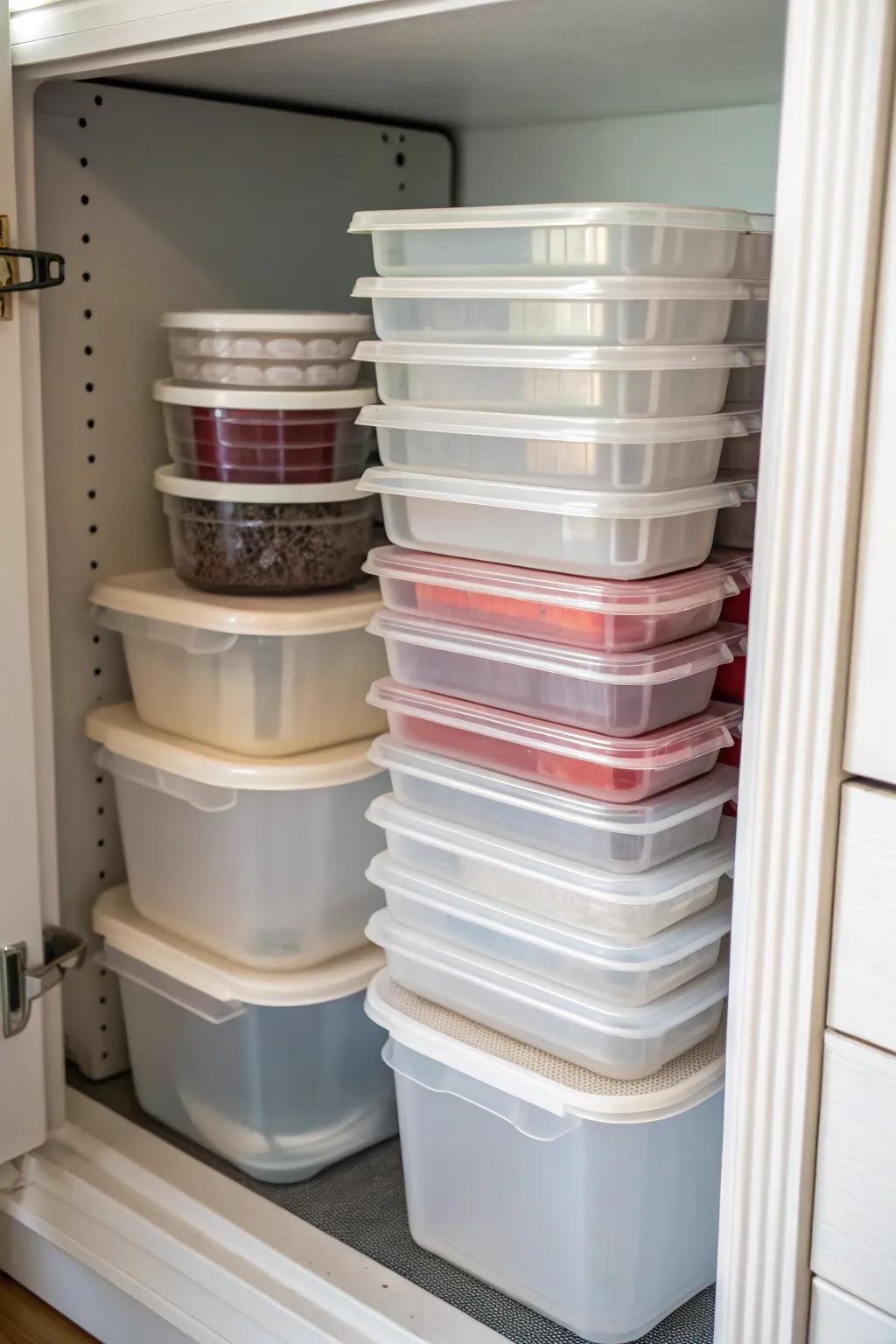 Nested plastic containers neatly arranged inside a cabinet.